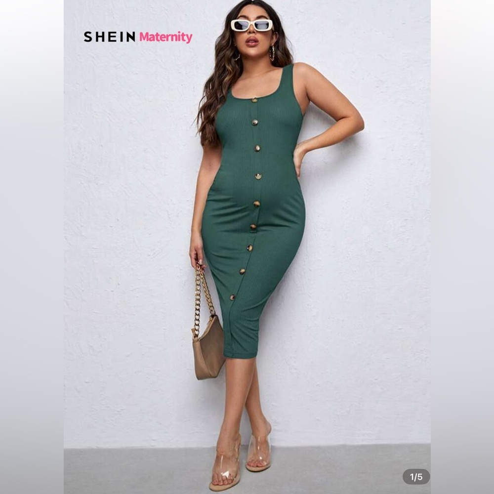 SHEIN Teal Button-Front Maternity Dress